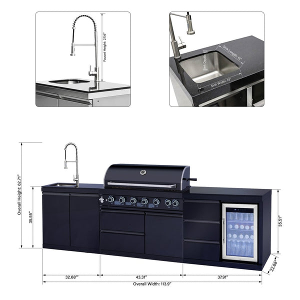 English Elm Outdoor Kitchen Island with 6 Burner Gas Grill Sink Refrigerator Stainless Steel W5007S00008
