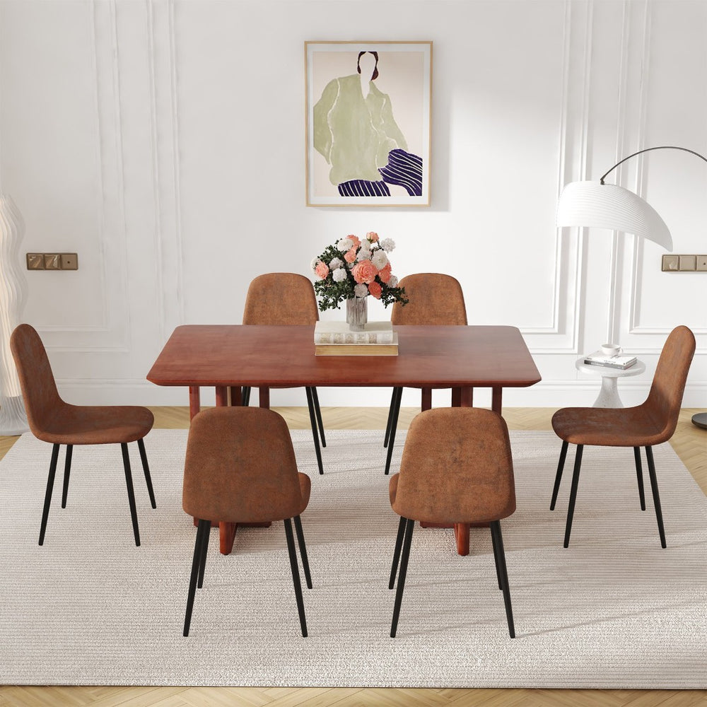 English Elm Table & Chair Set: Elegant Walnut Solid Wood Dining Table With 6 Ergonomic Brown Techno-Fabric Chairs W1151S04066-GIGA