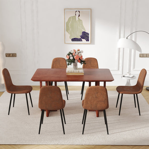 English Elm Table & Chair Set: Elegant Walnut Solid Wood Dining Table With 6 Ergonomic Brown Techno-Fabric Chairs W1151S04066-GIGA