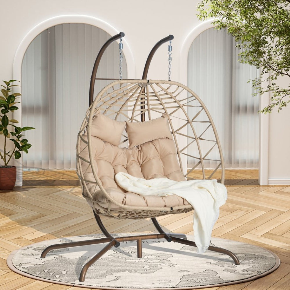 English Elm Double Hanging Egg Chair with Stand Wicker Basket Swing for Patio Balcony 600 Lb W874P270564