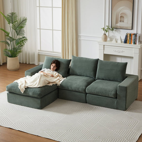 English Elm 99-inch Corduroy L-shaped Sectional Sofa with Reversible Chaise and Neck Pillow Support W834S00614