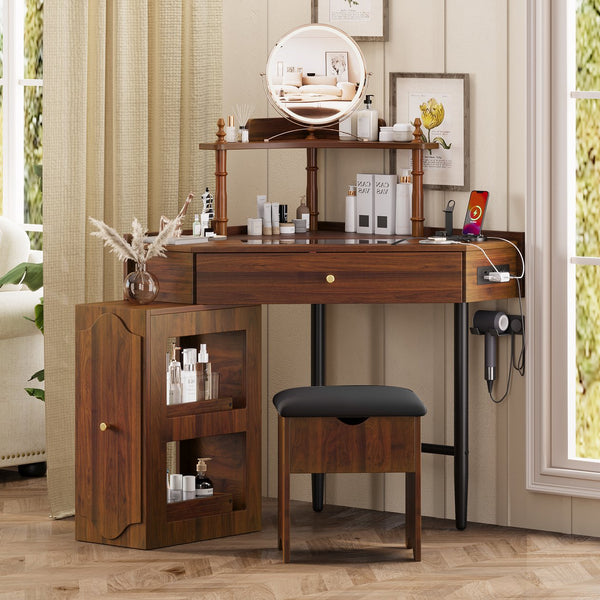 English Elm Corner Vanity Desk Set with Stool Charging Station Glass Top Pull-Out Cabinet Jewelry Organizer Walnut 35.82 L x 32 W x 8 H N733P336237D