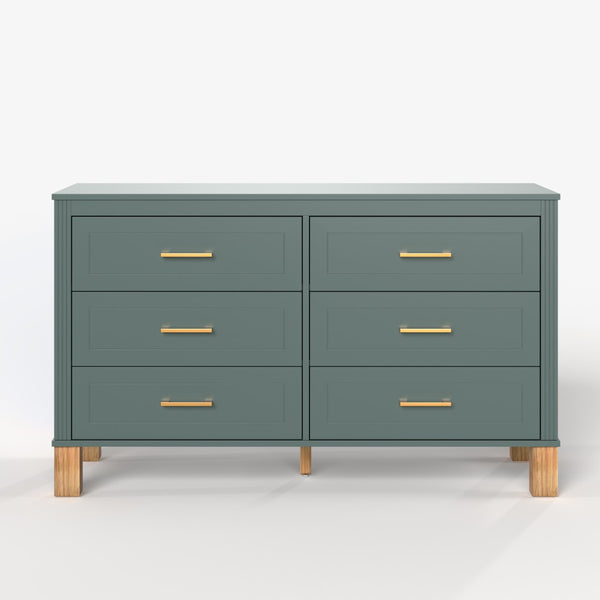 English Elm 6-drawer Solid Wood Dresser Mid-century Modern Gray Finish with Metal Bar Handles Light Green W1445P419755