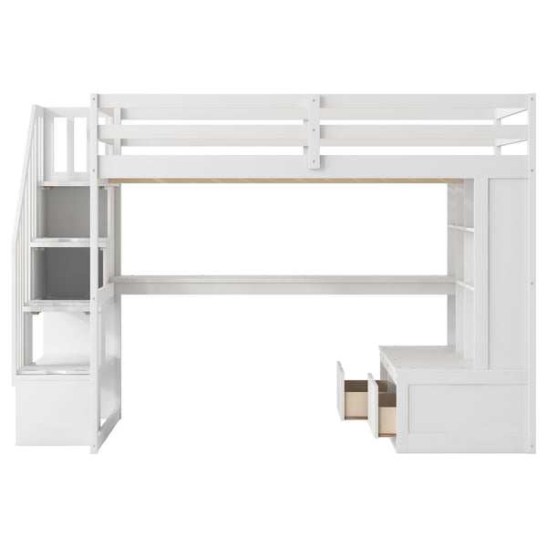 English Elm Full Full Size Loft Bed with Desk, Shelves, Two Drawers and Storage Staircase in Warm Wood Finish White GX000397AAK