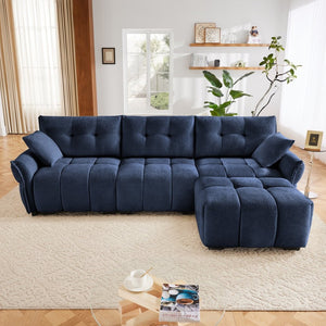 English Elm Three-Seat Sofa Set With Ottoman, Textured Blue Chenille & High-Resilience Cushions For Comfort W714S01149-GIGA
