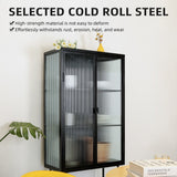 English Elm Retro Style Fluted Glass High Cabinet Storage Dual Doors Three Detachable Wide Shelves Enclosed Dust-Free Storage For Living Room Bathroom Dining Room Kitchen Room Entryway,Black (=Old Sku:W68743734)