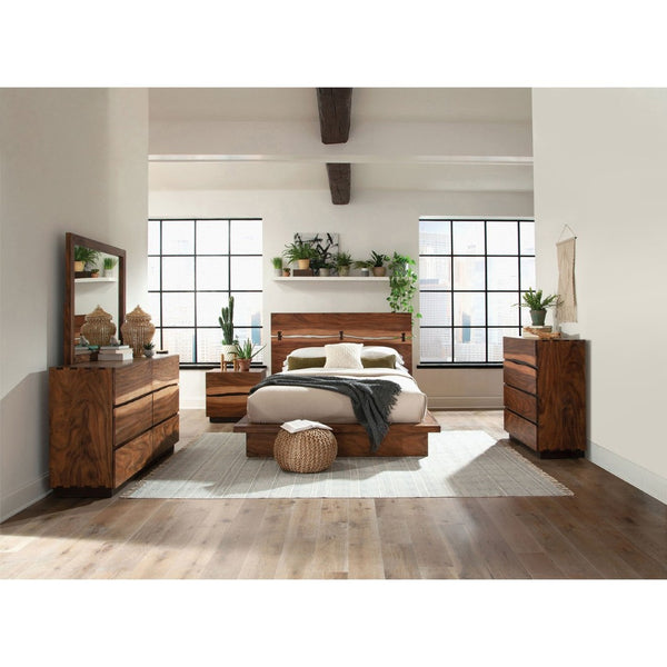 English Elm Beverly Queen Bedroom Set with Live Edge Headboard Walnut Veneer Floating Base B062S01710
