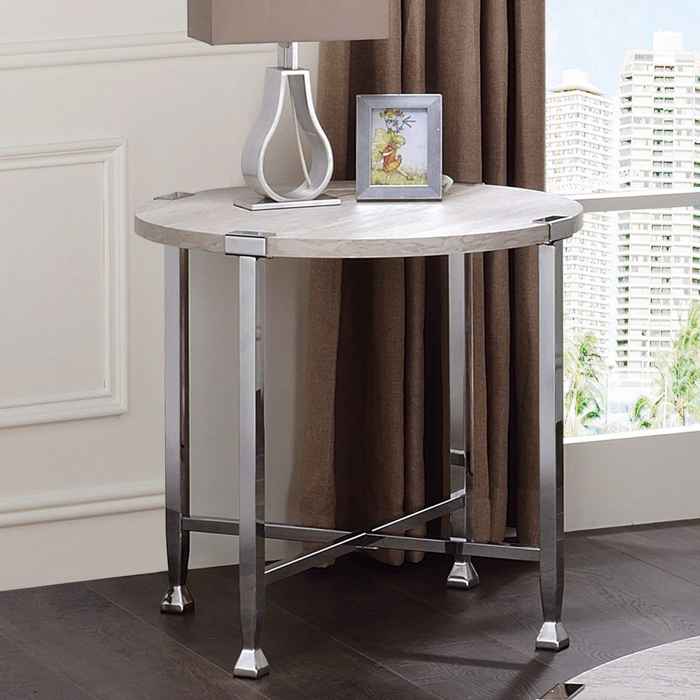 English Elm Round End Table with Modern White Oak Top and Chrome X-Base — Sleek Accent Table for Living Rooms B016P314065
