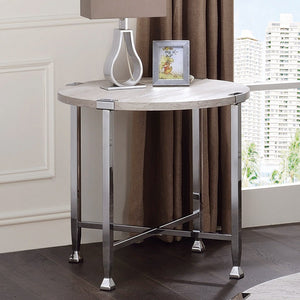 English Elm Round End Table with Modern White Oak Top and Chrome X-Base — Sleek Accent Table for Living Rooms B016P314065