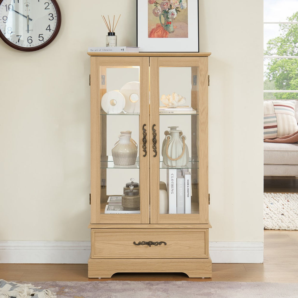 English Elm Glass Lighted Curio Cabinet with Adjustable Glass Shelves, 2 Doors 1 Drawer, Oak Finish, Bulb Included and Anti-Tip Safety Strap for Secure Display of Collectibles W2275P178890