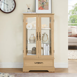 English Elm Glass Lighted Curio Cabinet with Adjustable Glass Shelves, 2 Doors 1 Drawer, Oak Finish, Bulb Included and Anti-Tip Safety Strap for Secure Display of Collectibles W2275P178890