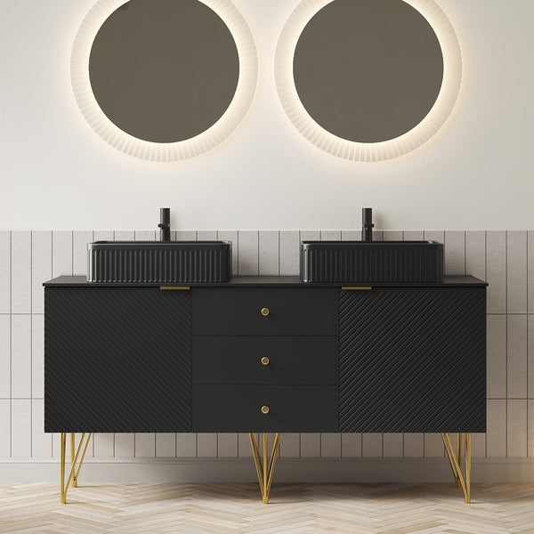 English Elm Gema 60" Modern Bathroom Vanity Set With Black Sintered Stone, Ceramic Basins & Gold Legs, Pre-Assembled W2615S00292