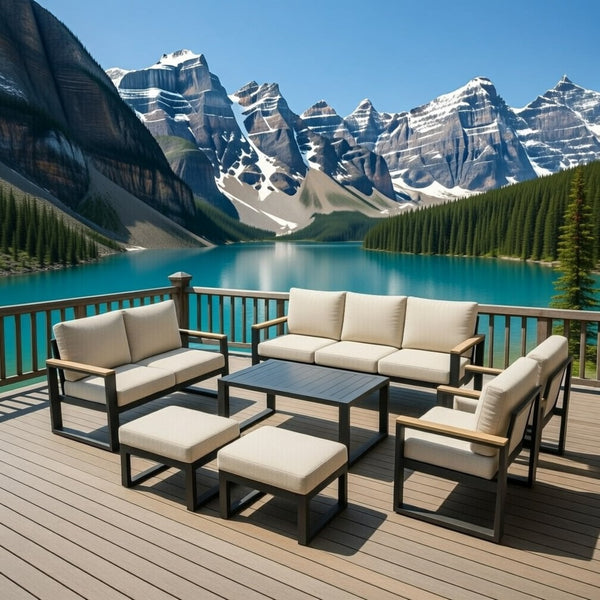 English Elm All-weather 9 Seat Aluminum Patio Conversation Set with Tempered Glass Table Beige+Grey B082S00114