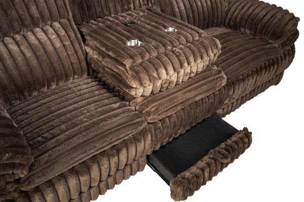 English Elm Manual Motion Loveseat with Fur-Like Corduroy Upholstery, Plush Arms, Dual Cup Holders & Storage Chocolate 33 L x 94 W x 28 H B089P296898