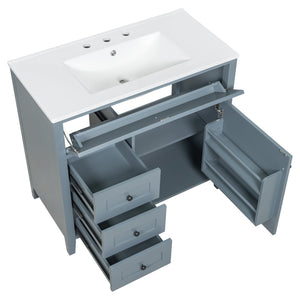 English Elm 36-Inch Blue Gray Modern Bathroom Vanity With Durable Rubberwood Cabinet, Sink & 3 Drawers For Storage N725P350821E
