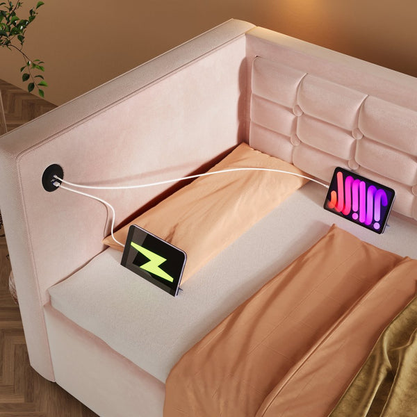 English Elm Upholstered Twin Daybed with Hydraulic Storage, Velvet Tufted Sofa Back, USB & Type-C Charging Port Pink N736P303402P
