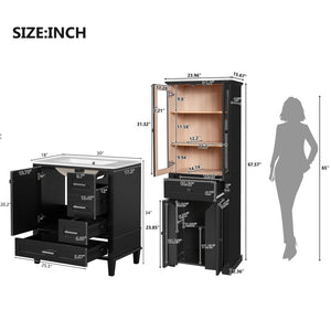 English Elm 67.57" Tall Matte Cabinet Vanity Combo with Glass Doors Soft-close Drawers Sink Black N729P000033B