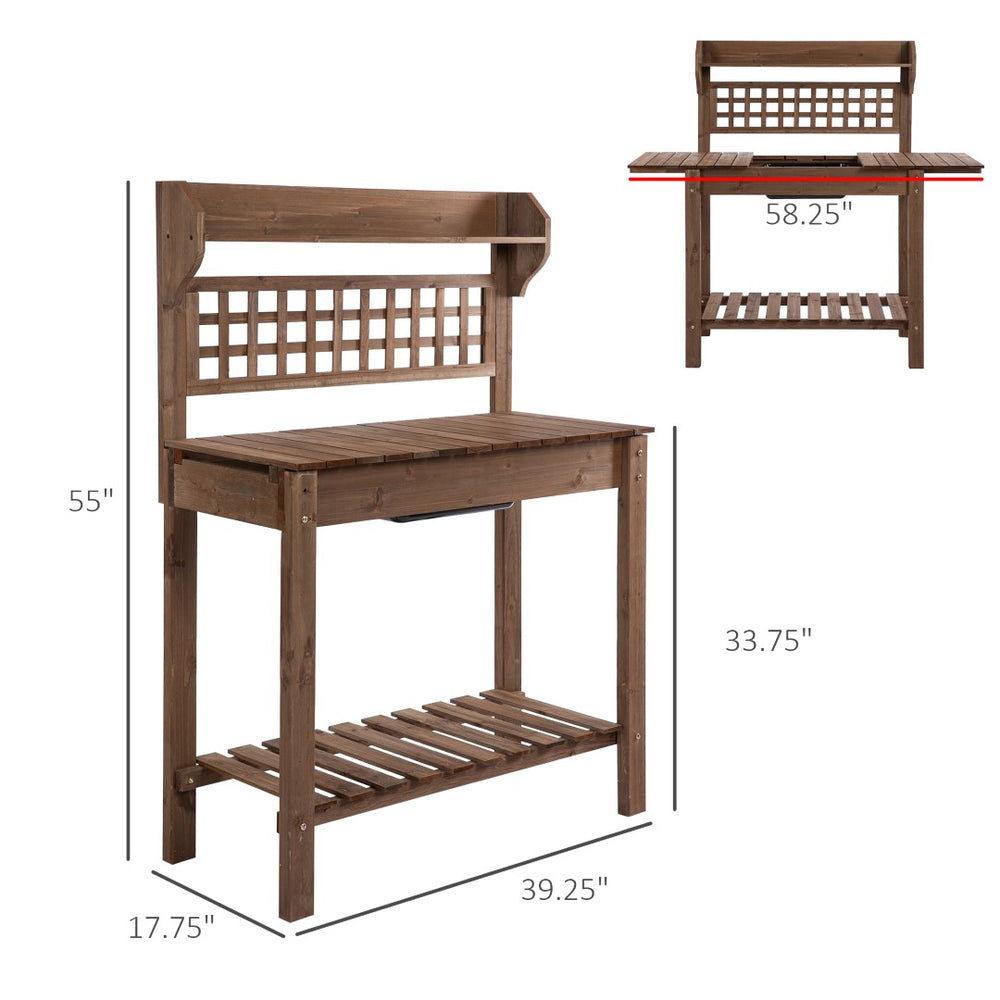 English Elm Outdoor Solid Fir Potting Bench with Dry Sink Sliding Top and Tiered Garden Storage T3971P387807