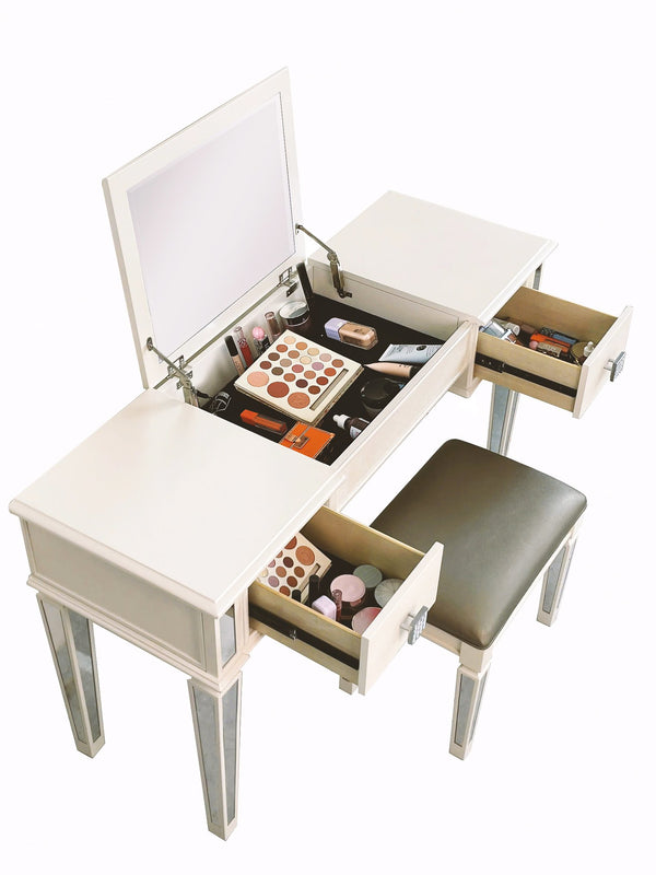 English Elm Mirrored Vanity Desk with Drawers and Flip-Up Mirror, Silver PU Stool, Crystal Knobs, Storage Elegance W2170P209976
