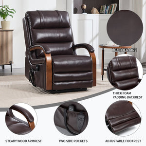 English Elm Power Lift Recliner with Dual Motor Heat Massage Wood Armrests Brown Leatheraire W1803S00080