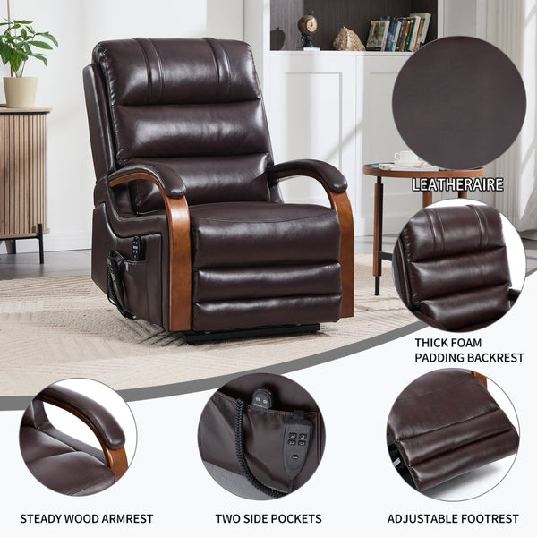 English Elm Power Lift Recliner with Dual Motor Heat Massage Wood Armrests Brown Leatheraire W1803S00080