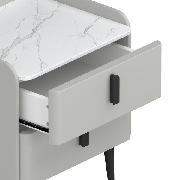 English Elm Nightstands with Marble-Pattern Top and Raised Guard, 2-Drawer Modern Bedside Tables for Storage Elegance Gray 23.4 L x 18.5 W x 9.06 H N733S332142E