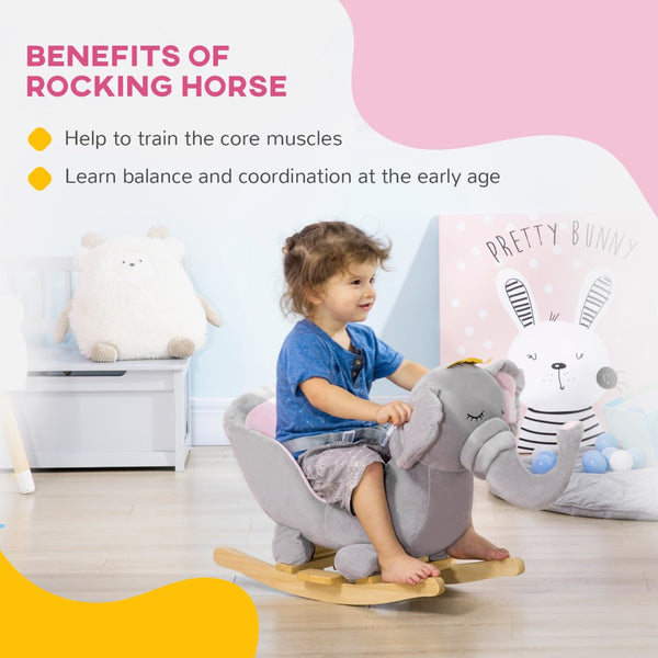 English Elm Qaba Plush Elephant Toddler Rocker with Steel Frame Wooden Base and Sound Effects W2225P200850