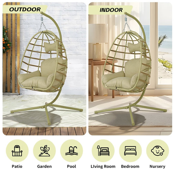 English Elm Egg Hanging Chair with Stand Pe Rattan Swing Seat Washable Cushion Patio Bedroom T5880P497435