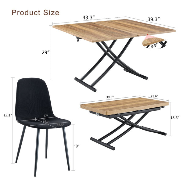 English Elm Table and Chair Set Adjustable Height Mdf Wood Grain Top with Four Linen Dining Chairs Black,Natural Wood W1151S03768