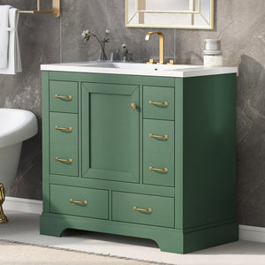 English Elm 36" Modern Bathroom Vanity with Ceramic Sink, Six Drawers, Adjustable Shelf, Solid Wood Build Green SY999808AAF-6