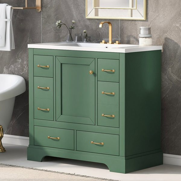 English Elm 36" Modern Bathroom Vanity with Ceramic Sink, Six Drawers, Adjustable Shelf, Solid Wood Build Green SY999808AAF-6