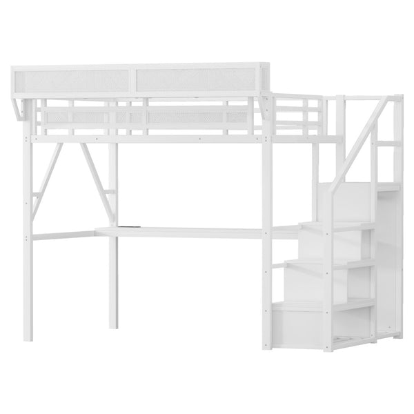 English Elm Twin Metal High Loft Bed with Staircase Storage Wardrobe for Kids and Teens W2580S00080
