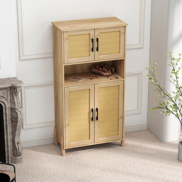 English Elm Mid-Century Woven Rattan Door Storage Cabinet with Adjustable Shelves and Solid Wood Legs, Stylish and Functional Natural 27.6 L x 15 W x 8.7 H W3151P288912