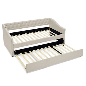 English Elm Twin Daybed with Pull Out Trundle Usb Charging Tufted Upholstered Sofa Guest Bed Beige W1413S00156