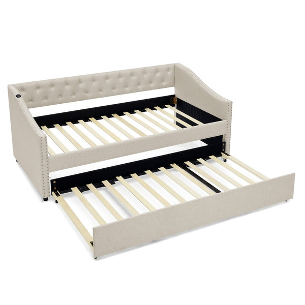 English Elm Twin Daybed with Pull Out Trundle Usb Charging Tufted Upholstered Sofa Guest Bed Beige W1413S00156