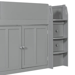 English Elm Twin House Loft Bed with Pull Out Rolling Desk Stair Drawers and Cabinet Storage Gray N820S00072E