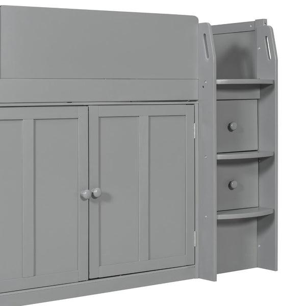 English Elm Twin House Loft Bed with Pull Out Rolling Desk Stair Drawers and Cabinet Storage Gray N820S00072E
