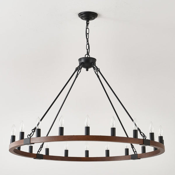 English Elm 39.3 Inch Wood Wagon Wheel Chandelier with Seeded Glass Shades 20-light Farmhouse W5008P464781