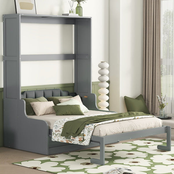 English Elm Queen Murphy Wall Bed with Integrated Chair Espresso Cabinet for Studio Apartments Gray LP000791AAE-3