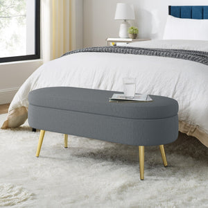 English Elm Ottoman Oval Flannel Storage Bench with Matte Metal Legs for Bedroom or Living Room Dark Gray W487P438628