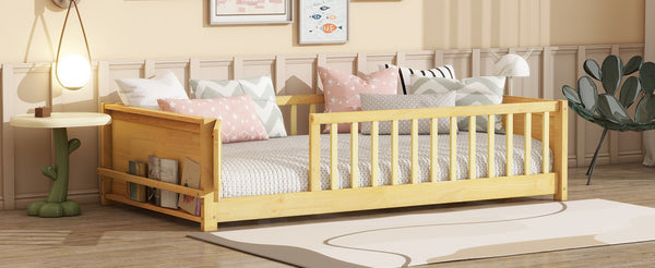 English Elm Twin Size Floor Bed With Book Rack & Fenced Door For Cozy Playtime, Natural Finish Design & Assembly W504P345771-GIGA