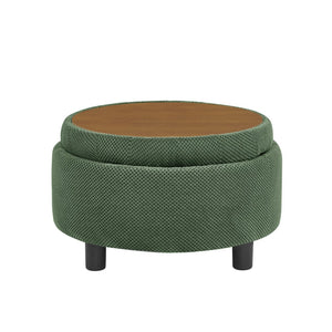 English Elm 25 Inch Round Fabric Pouf Ottoman with Removable Wooden Lid and Hidden Interior Storage Dark Green W5568P461364