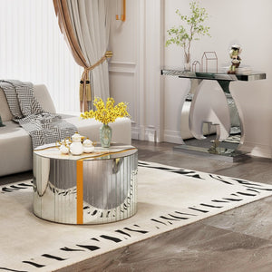 English Elm Black Round Mirrored Glass Coffee Table Gold Sunburst Glam Accent for Living Room Silver W3836P382448
