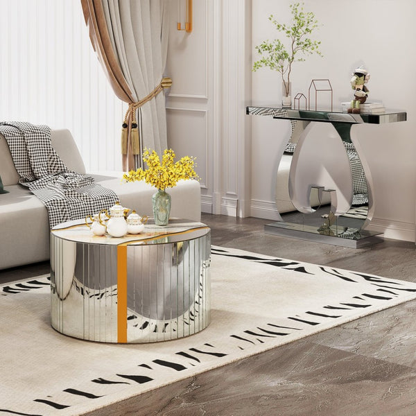 English Elm Black Round Mirrored Glass Coffee Table Gold Sunburst Glam Accent for Living Room Silver W3836P382448