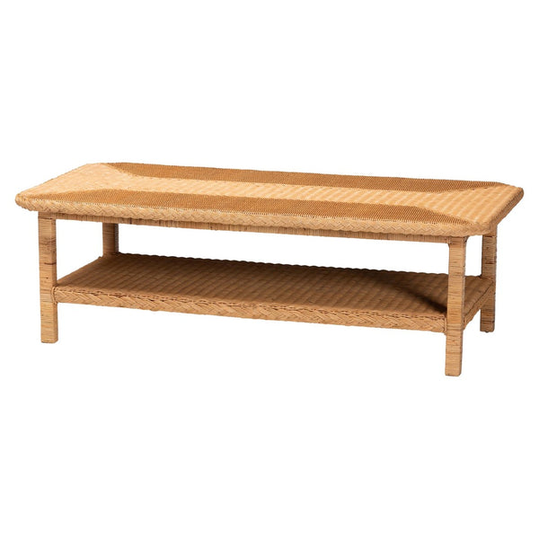 English Elm Bohemian Braided Rattan Coffee Table with Open Shelf for Organic Living Room Style B2750P467768