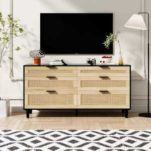English Elm 59" Rattan Dresser with 6 Spacious Drawers, Stylish Woven Texture, Metal Handles & Wood Legs for Bedroom Black W757P209512