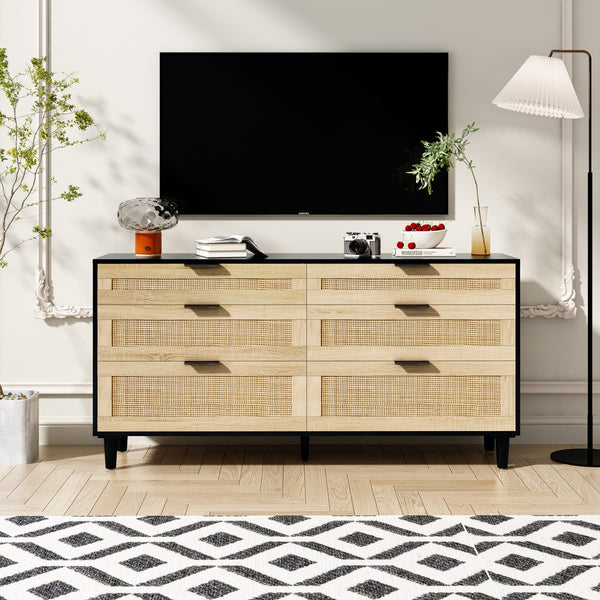 English Elm 59" Rattan Dresser with 6 Spacious Drawers, Stylish Woven Texture, Metal Handles & Wood Legs for Bedroom Black W757P209512