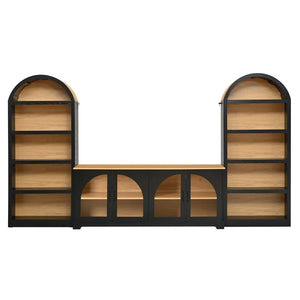 English Elm 3-piece Farmhouse Entertainment Center with Arched Glass Doors and Open Tower Shelving Black N721S000070B