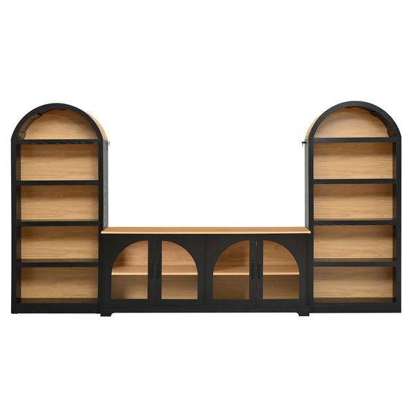 English Elm 3-piece Farmhouse Entertainment Center with Arched Glass Doors and Open Tower Shelving Black N721S000070B