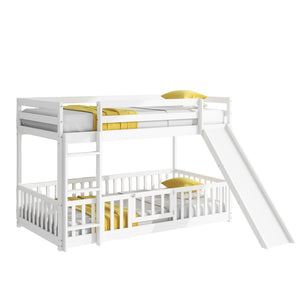 English Elm Twin Over Twin Floor Bunk Bed With Slide & Ladder - Solid Pine Wood, White Finish, Safe & Fun Design! W504S00190-GIGA